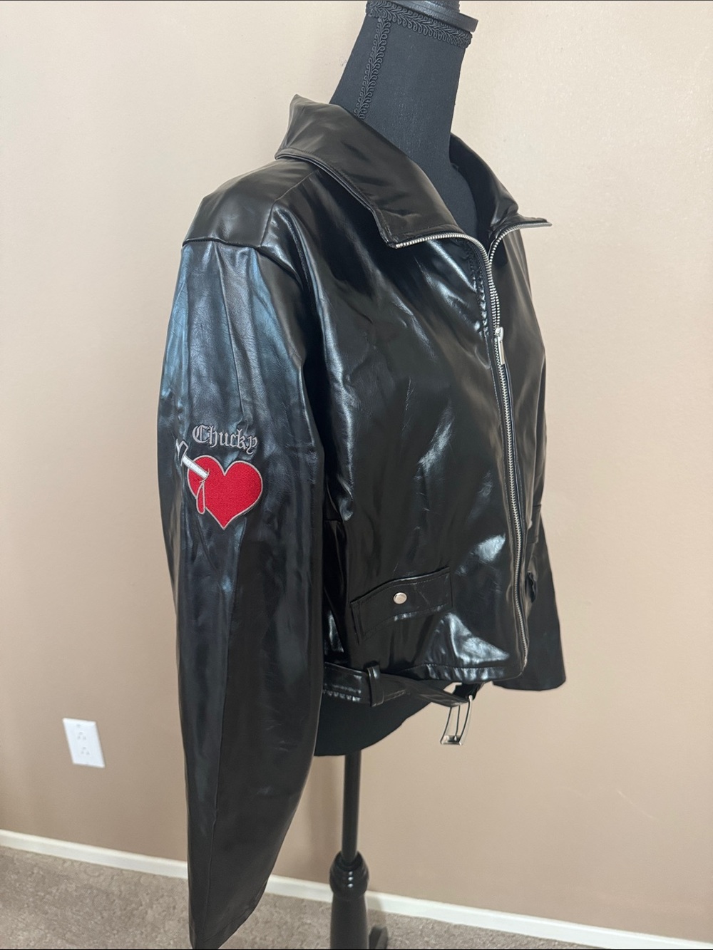 Black Faux Leather Bomber Chucky Jacket Universal Studios 1X Halloween